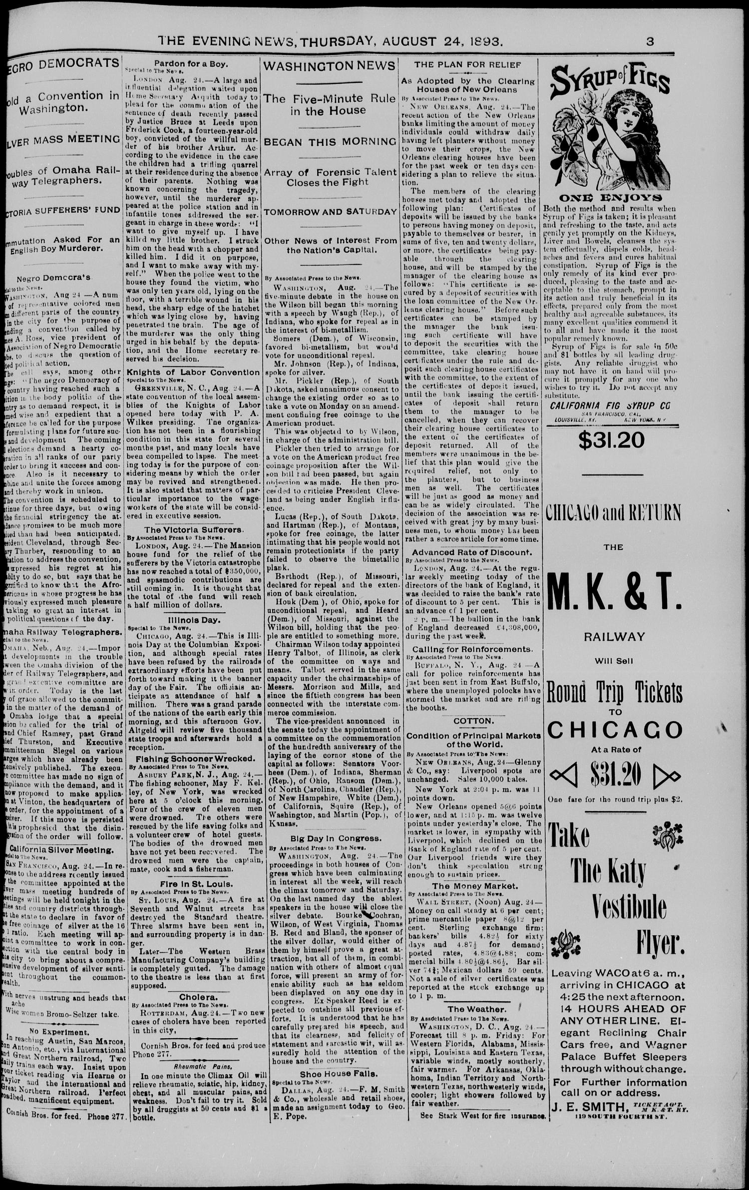 The Waco Evening News. (Waco, Tex.), Vol. 6, No. 33, Ed. 1, Thursday, August 24, 1893
                                                
                                                    [Sequence #]: 3 of 8
                                                