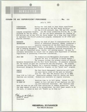 Primary view of object titled 'Convair Supervisory Newsletter, Number 830, July 8, 1970'.