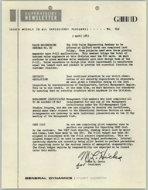 Convair Supervisory Newsletter, Number 612, April 3, 1963