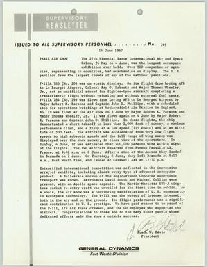 Convair Supervisory Newsletter, Number 749, June 14, 1967