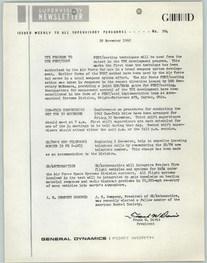 Primary view of object titled 'Convair Supervisory Newsletter, Number 594, November 28, 1962'.