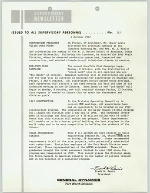Convair Supervisory Newsletter, Number 757, October 4, 1967
