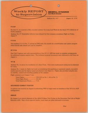 Convair Weekly Report to Supervision, Number 937, August 14, 1974