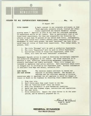 Convair Supervisory Newsletter, Number 754, August 23, 1967