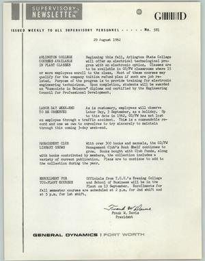Convair Supervisory Newsletter, Number 581, August 29, 1962