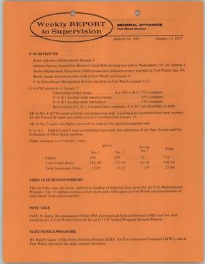 Convair Weekly Report to Supervision, Number 994, January 13, 1977