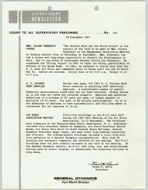 Primary view of object titled 'Convair Supervisory Newsletter, Number 756, September 20, 1967'.