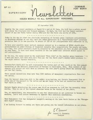 Primary view of object titled 'Convair Supervisory Newsletter, Number 162, September 15, 1954'.