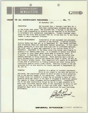 Convair Supervisory Newsletter, Number 705, September 22, 1965