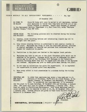Convair Supervisory Newsletter, Number 648, December 18, 1963