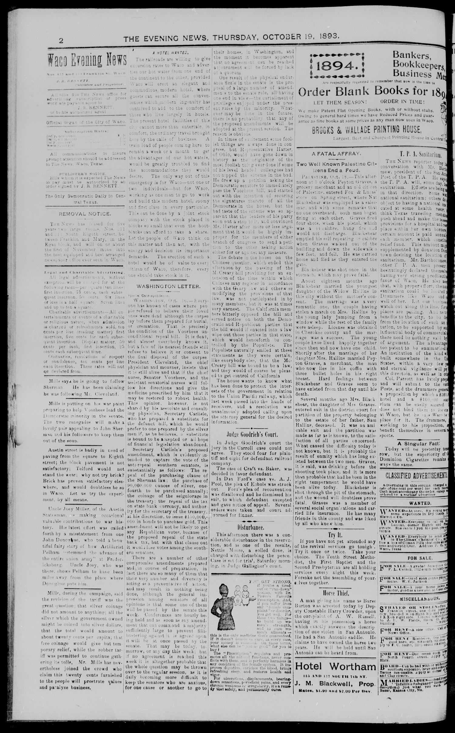 The Waco Evening News. (Waco, Tex.), Vol. 6, No. 81, Ed. 1, Thursday, October 19, 1893
                                                
                                                    [Sequence #]: 2 of 8
                                                