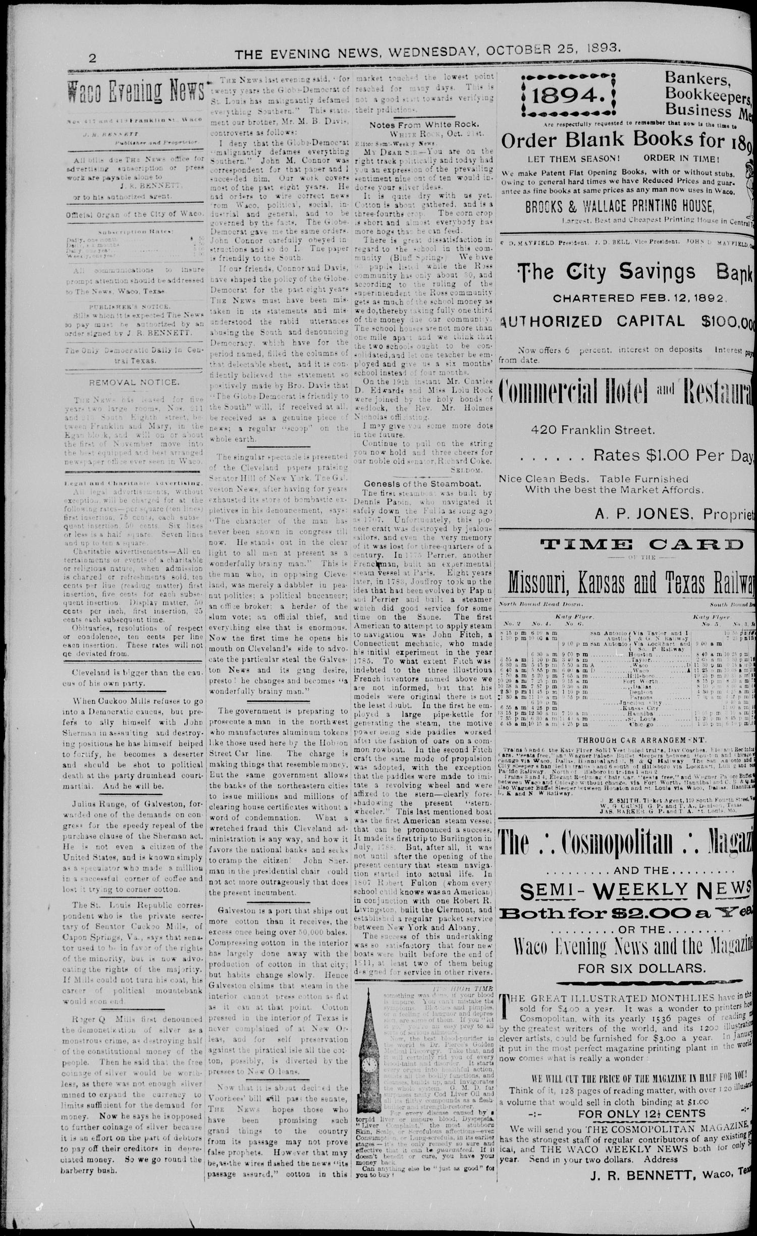 The Waco Evening News. (Waco, Tex.), Vol. 6, No. 86, Ed. 1, Wednesday, October 25, 1893
                                                
                                                    [Sequence #]: 2 of 8
                                                