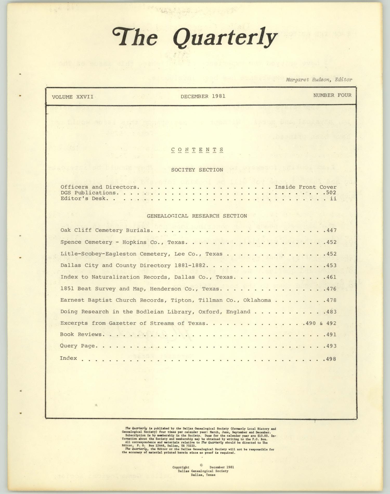 The Quarterly, Volume 27, Number 4, December 1981
                                                
                                                    Title Page
                                                