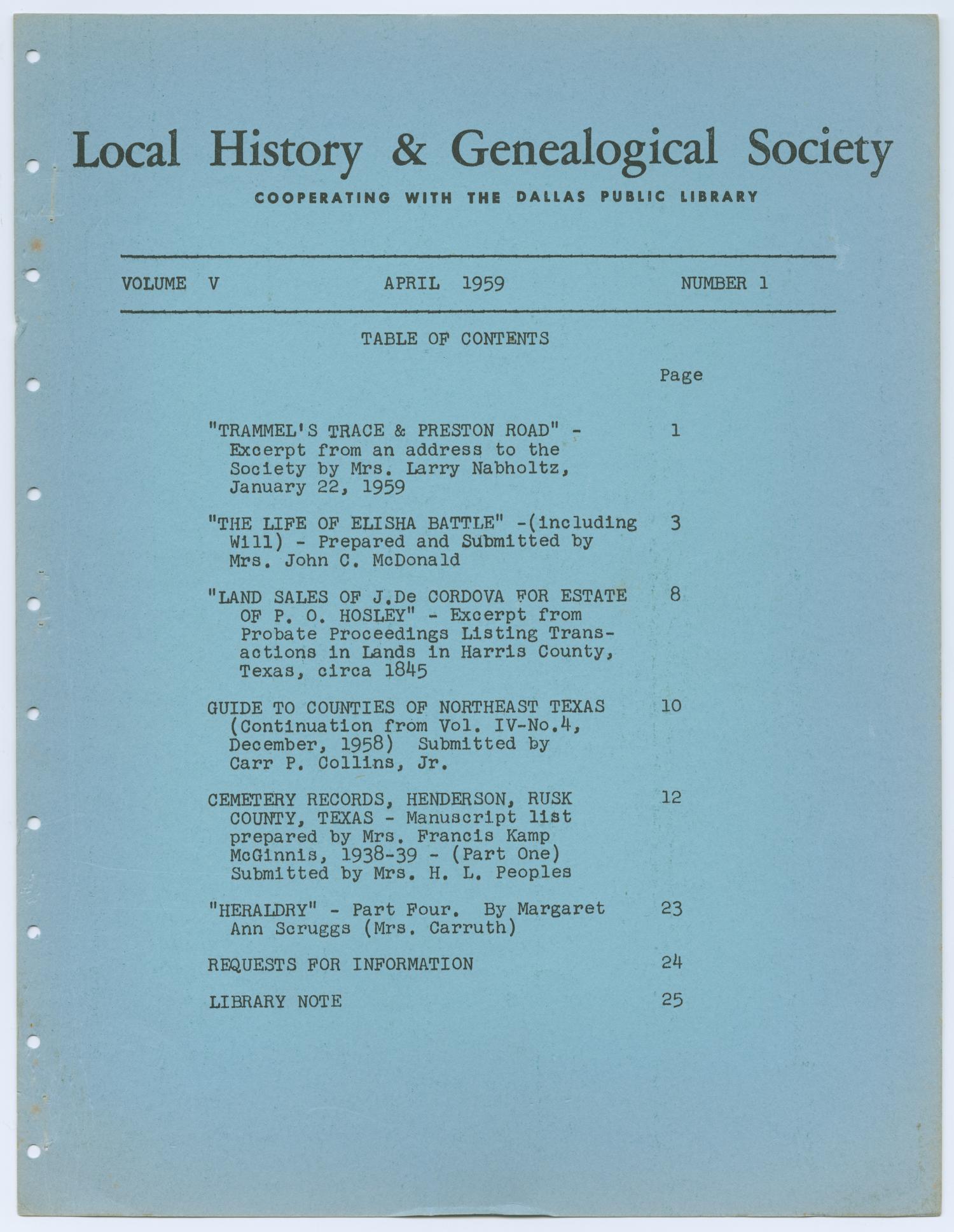 Local History & Genealogical Society, Volume 5, Number 1, April 1959
                                                
                                                    Front Cover
                                                