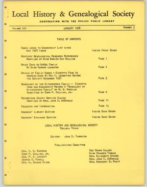 Primary view of object titled 'Local History & Genealogical Society, Volume 3, Number 3, January 1958'.