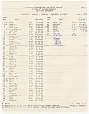 Primary view of object titled 'Missouri-Kansas-Texas Railroad Smithville District Seniority List: Firemen, January 1973'.