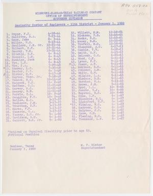 Primary view of object titled 'Missouri-Kansas-Texas Railroad Smithville District Seniority List: Engineers, January 1969'.