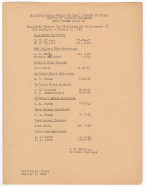 Missouri-Kansas-Texas Railroad Smithville District Seniority List: Miscellaneous Maintenance of Way Employee, January 1955