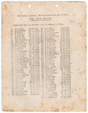 Missouri-Kansas-Texas Railroad Smithville District Seniority List: Firemen, January 1925