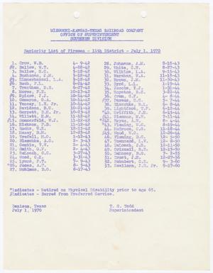 Missouri-Kansas-Texas Railroad Smithville District Seniority List: Firemen, July 1970