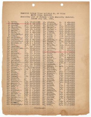 Missouri-Kansas-Texas Railroad Smithville District Seniority List: Firemen, July 1932