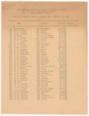 Primary view of object titled 'Missouri-Kansas-Texas Railroad Smithville District Seniority List: Section Foremen, January 1953'.
