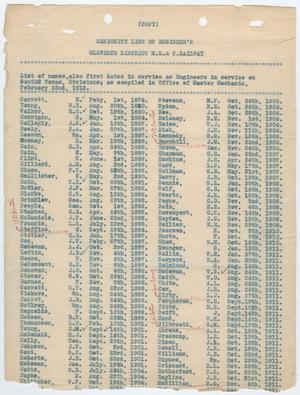 Primary view of object titled 'Missouri, Kansas & Texas Railway Smithville District Seniority List: Engineers, February 1913'.