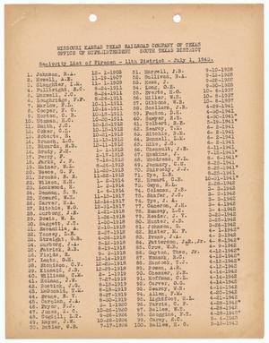 Missouri-Kansas-Texas Railroad Smithville District Seniority List: Firemen, July 1943