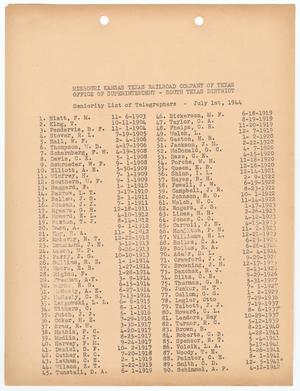 Missouri-Kansas-Texas Railroad Smithville District Seniority List: Telegraphers, July 1944
