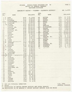 Missouri-Kansas-Texas Railroad Smithville District Seniority List: Firemen, July 1974