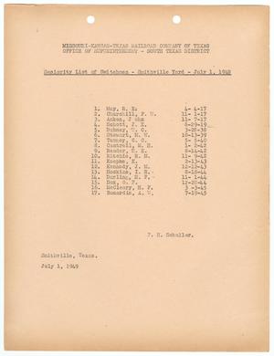 Missouri-Kansas-Texas Railroad Smithville District Seniority List: Switchmen, July 1949