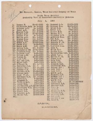 Primary view of object titled 'Missouri-Kansas-Texas Railroad Smithville District Seniority List: Conductors, July 1926'.