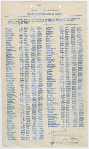 Missouri, Kansas & Texas Railway Smithville District Seniority List: Engineers, February 1913