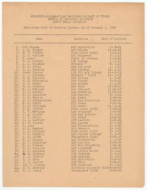 Missouri-Kansas-Texas Railroad Smithville District Seniority List: Section Foremen, January 1955