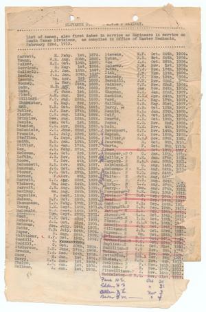 Missouri, Kansas & Texas Railway Smithville District Seniority List: Engineers, February 1913