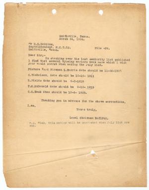 [Letter from Brotherhood of Locomotive Firemen and Enginemen to D. C. Dobbins, March 24, 1934]