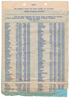 Primary view of object titled 'Missouri, Kansas & Texas Railway Smithville District Seniority List: Firemen, April 1913'.