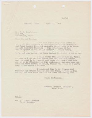 Primary view of object titled '[Letter from Brotherhood of Locomotive Firemen and Enginemen to F. P. Loughridge, April 23, 1955]'.