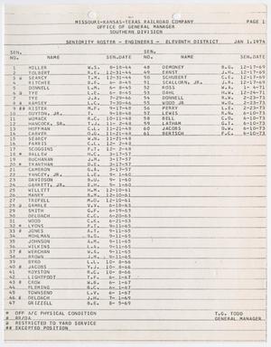 Missouri-Kansas-Texas Railroad Smithville District Seniority List: Engineers, January 1974