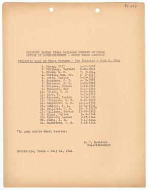 Missouri-Kansas-Texas Railroad Smithville District Seniority List: Train Porters, July 1944