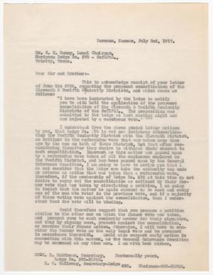 Primary view of object titled '[Letter from Brotherhood of Locomotive Firemen and Enginemen to G. H. Ramey, July 2, 1917]'.