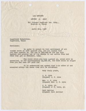 [Letter from J. F. Kirk to Sugarland Industries, April 5, 1954]