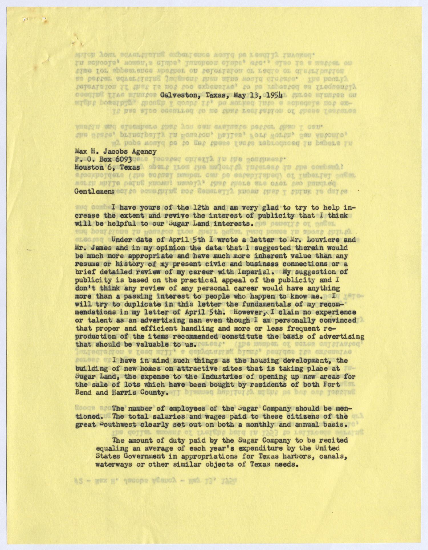 [Letter from I. H. Kempner to Max H. Jacobs Agency, May 13, 1954]
                                                
                                                    [Sequence #]: 1 of 4
                                                