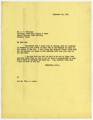 [Letter from Isaac Herbert Kempner to Jay A. Phillips, September 22, 1954]