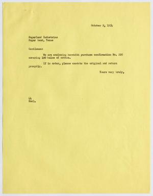 [Letter from A. H. Blackshear, Jr. to Sugarland Industries, October 9, 1954]