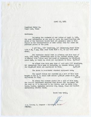 [Letter to Sugarland Motor Company, April 12, 1954]