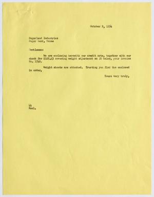 [Letter from A. H. Blackshear, Jr. to Sugarland Industries, October 9, 1954]