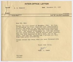 [Letter from Thomas Leroy James to Daniel Webster Kempner, December 20, 1954]