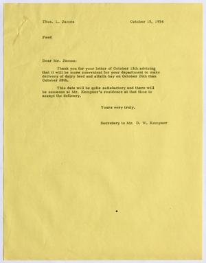 [Letter from D. W. Kempner to Thomas L. James, October 15, 1954]