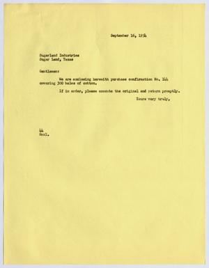 [Letter from A. H. Blackshear, Jr. to Sugarland Industries, September 16, 1954]